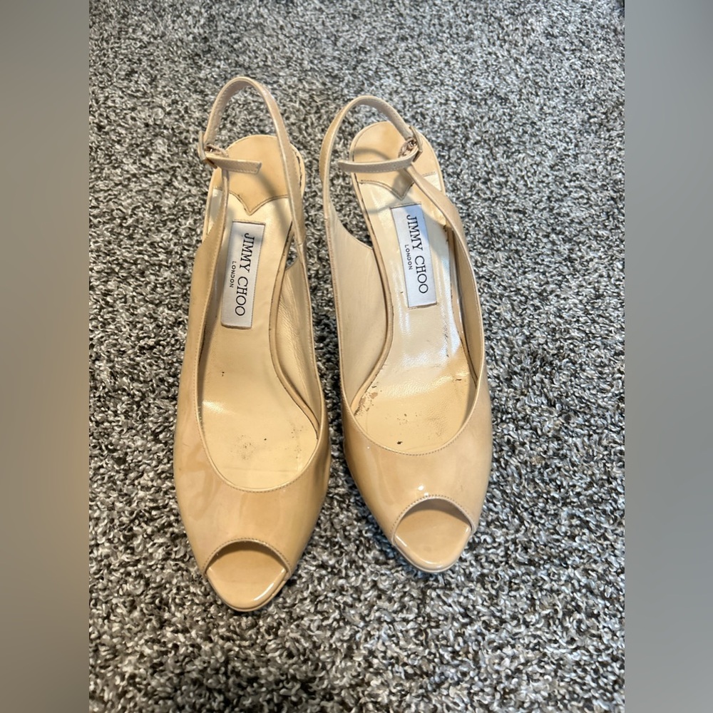 Jimmy Choo Nova Peep Toe Patent Leather Nude Slingbacks